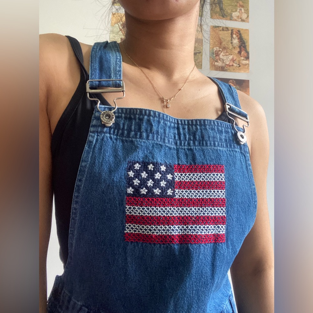 VINTAGE AGAPO AMERICAN FLAG DENIM OVERALL DUNGAREES SIZE S MIDI LENGTH